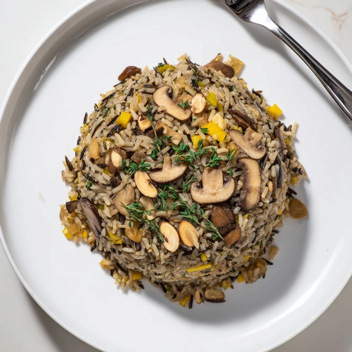 A rustic wooden bowl filled with golden Wild Rice and Mushroom Pilaf, garnished with parsley, ready to serve.