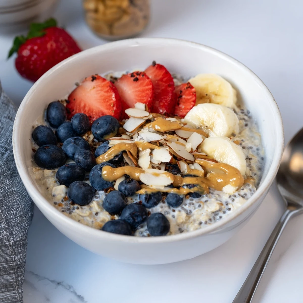 A jar of overnight oats with chia seeds, topped with fresh berries, sliced banana, and a drizzle of almond butter, ready to eat.