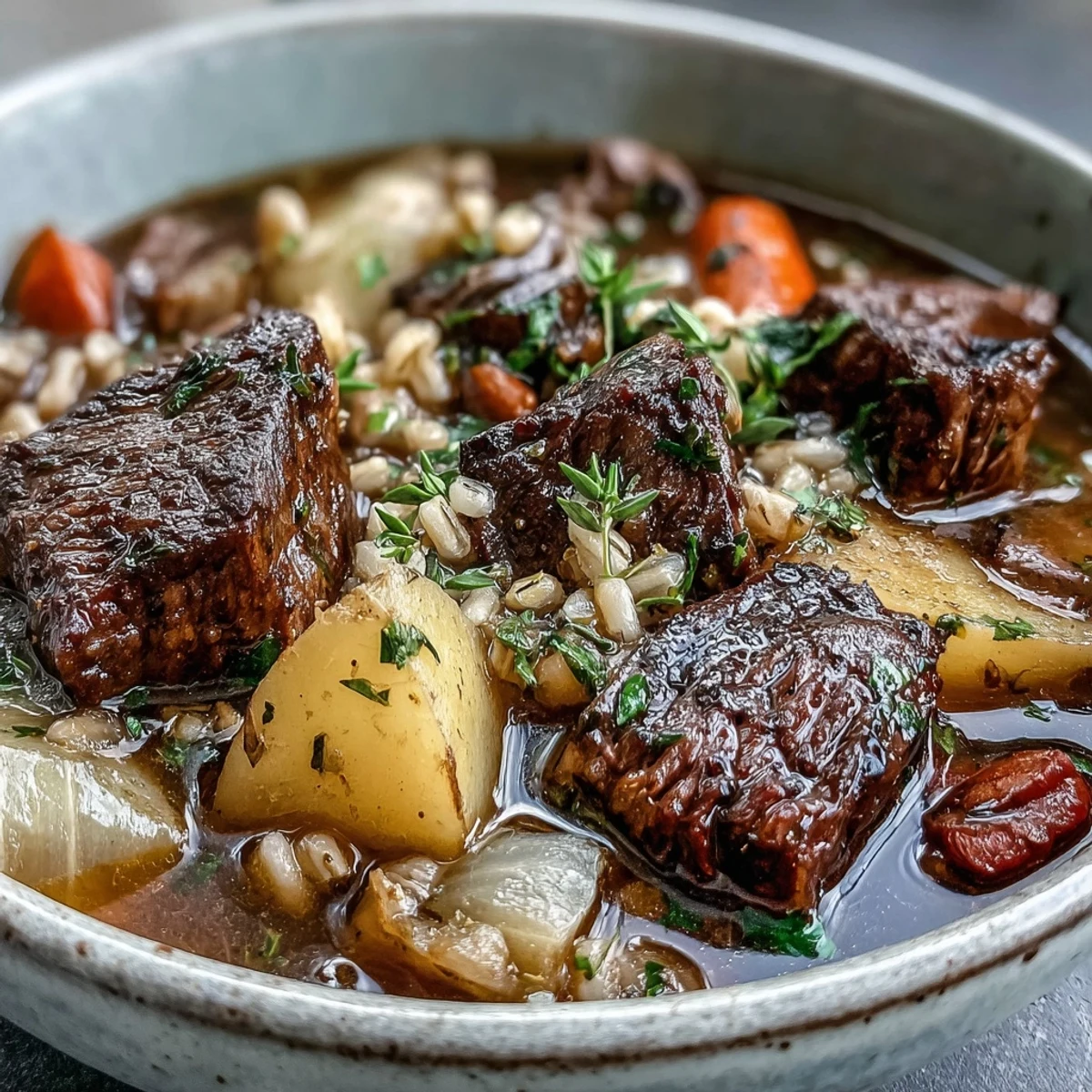 Steaming hot bowl of Vegetable Beef, Barley, and Mushroom Soup garnished with fresh parsley.