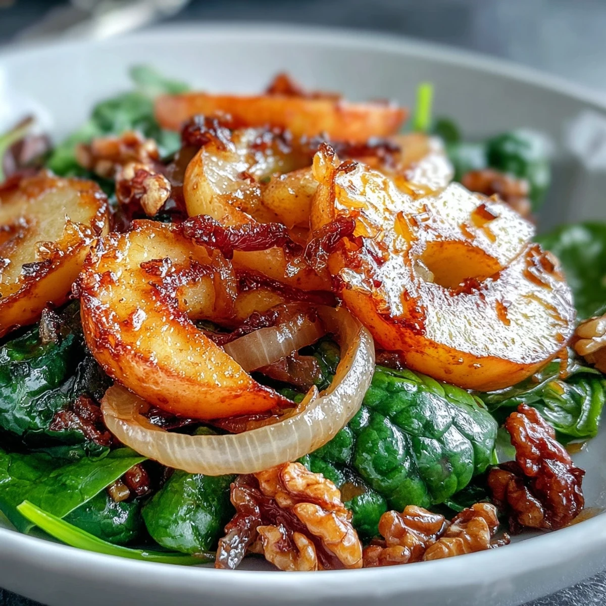 Close-up of bubbling Warm Apple and Sauerkraut Skillet Salad featuring tender greens, toasted pecans, and a glossy glaze.