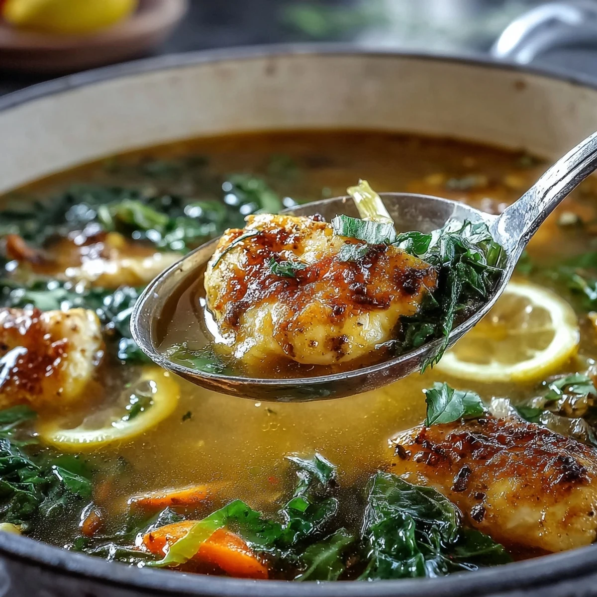 Tender chicken and vibrant baby kale swim in the golden, aromatic broth of this High Protein Lemon and Turmeric Chicken Soup.