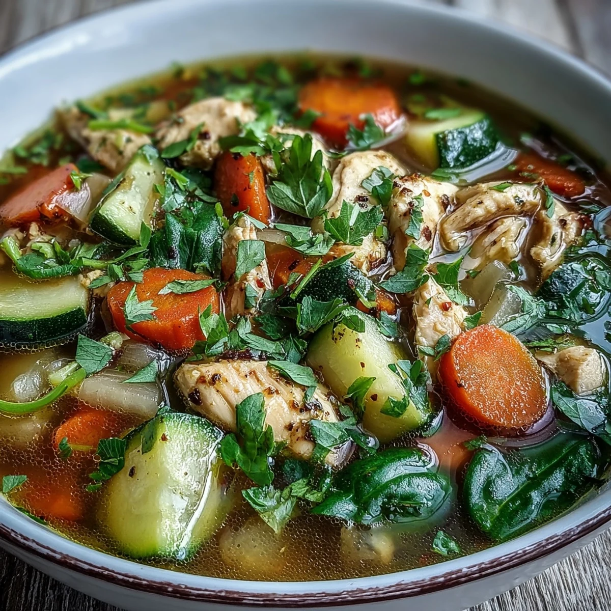 Steaming bowl of Turmeric Chicken Soup garnished with fresh cilantro, served alongside crusty bread.
