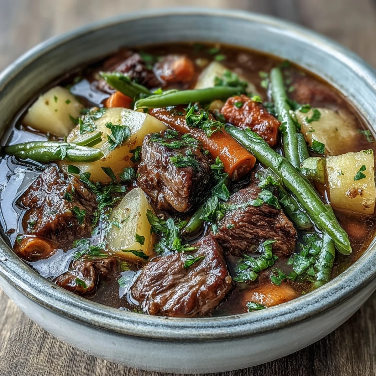 Steaming beef and vegetable soup with tender chunks, carrots, and peas in a rustic bowl.