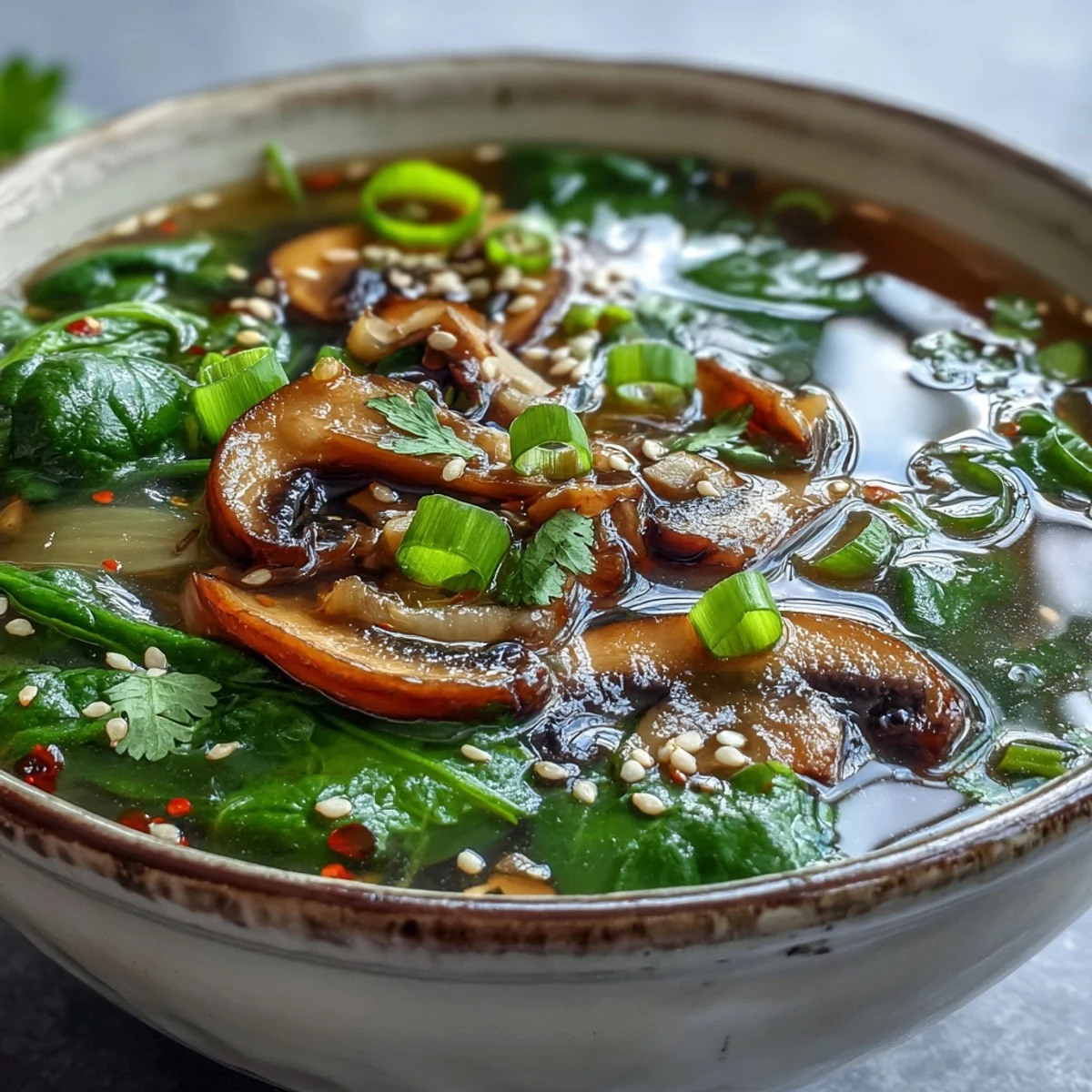 Miso Ginger Winter Soup served in a rustic mug, garnished with sesame seeds and cilantro.