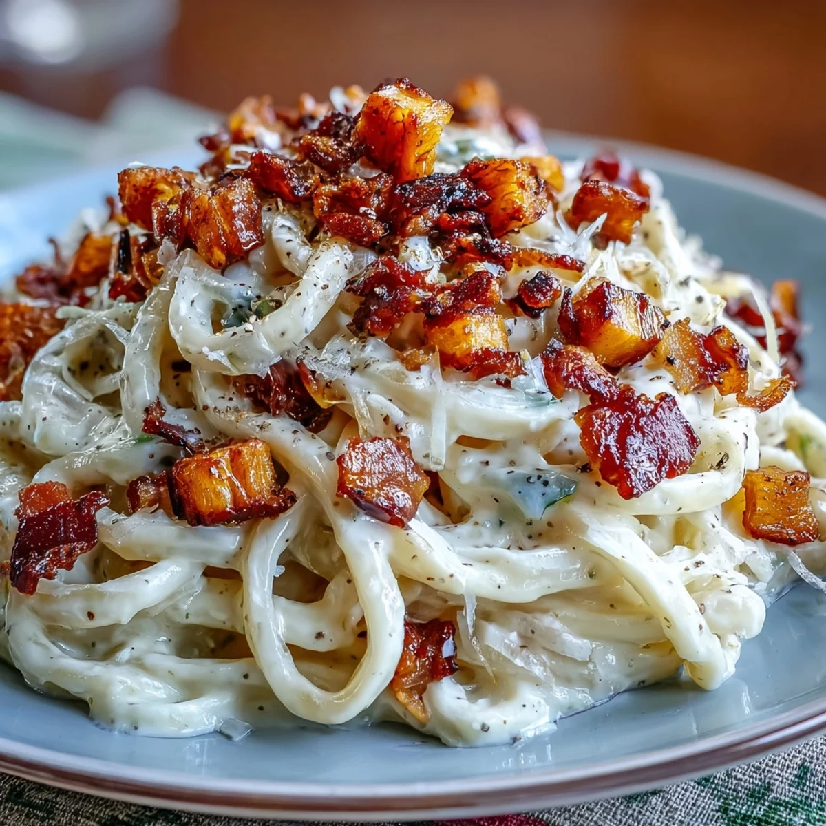 Tossing warm celeriac noodles with a rich egg-Parmesan sauce creates a comforting Italian-inspired Celeriac Carbonara, perfect with a glass of Pinot Grigio.