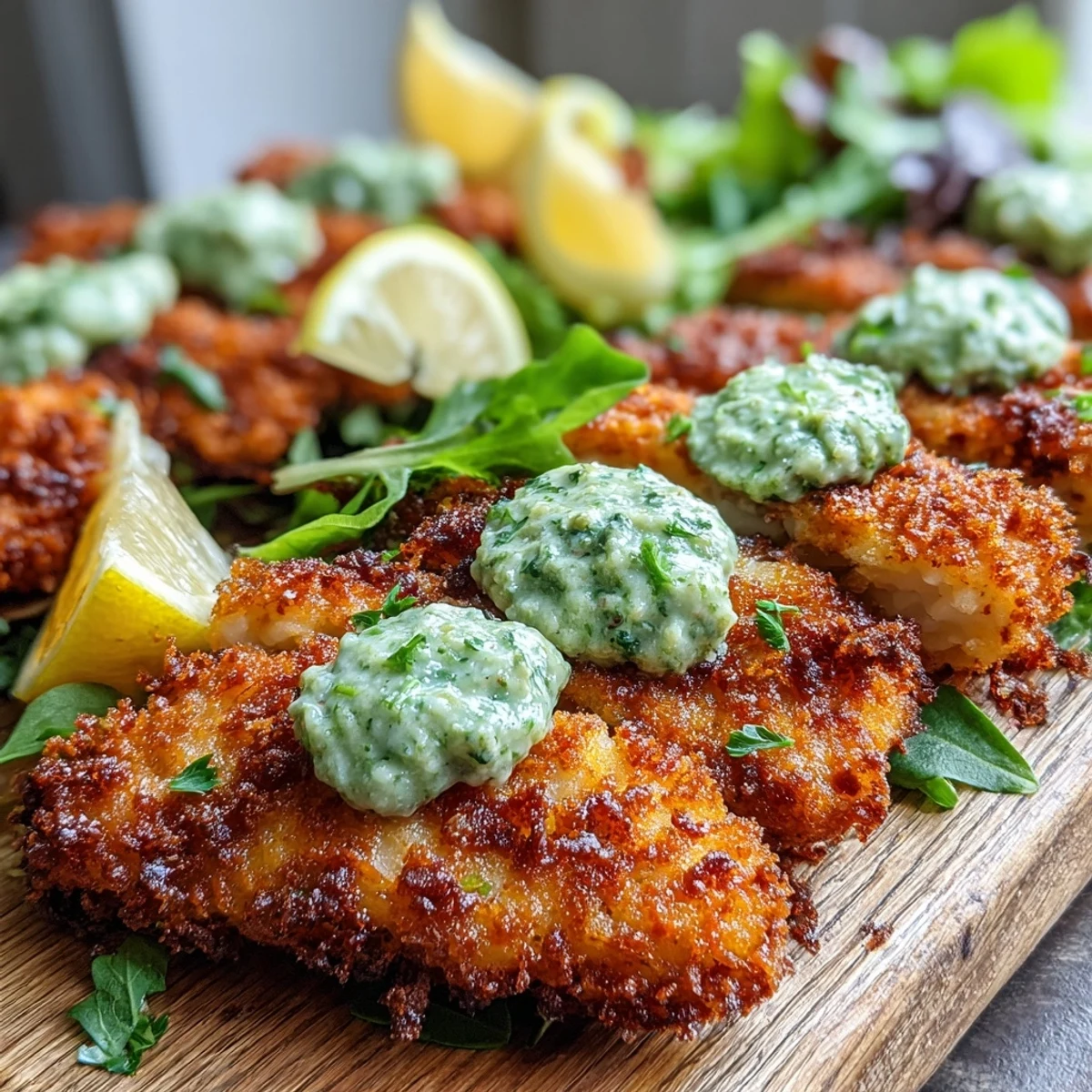 Crispy golden haddock goujons on a plate with a vibrant green pea pesto and lemon wedges.  