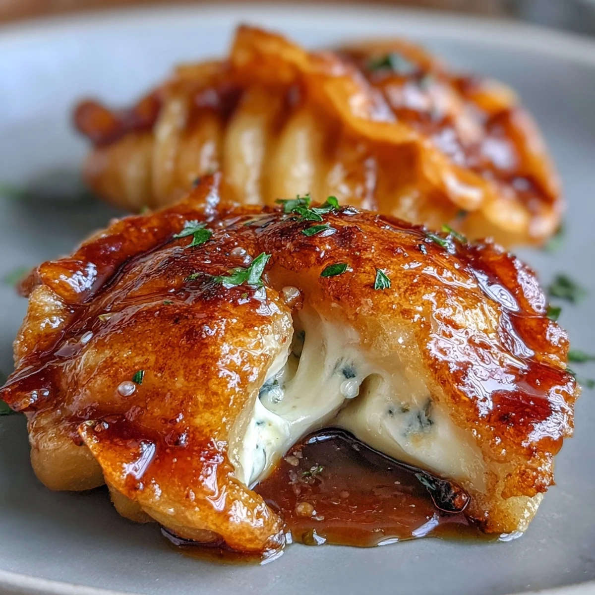 Eight soft potato mochi balls with melted cheese centers, garnished with fresh scallions and sesame seeds on a white plate.  