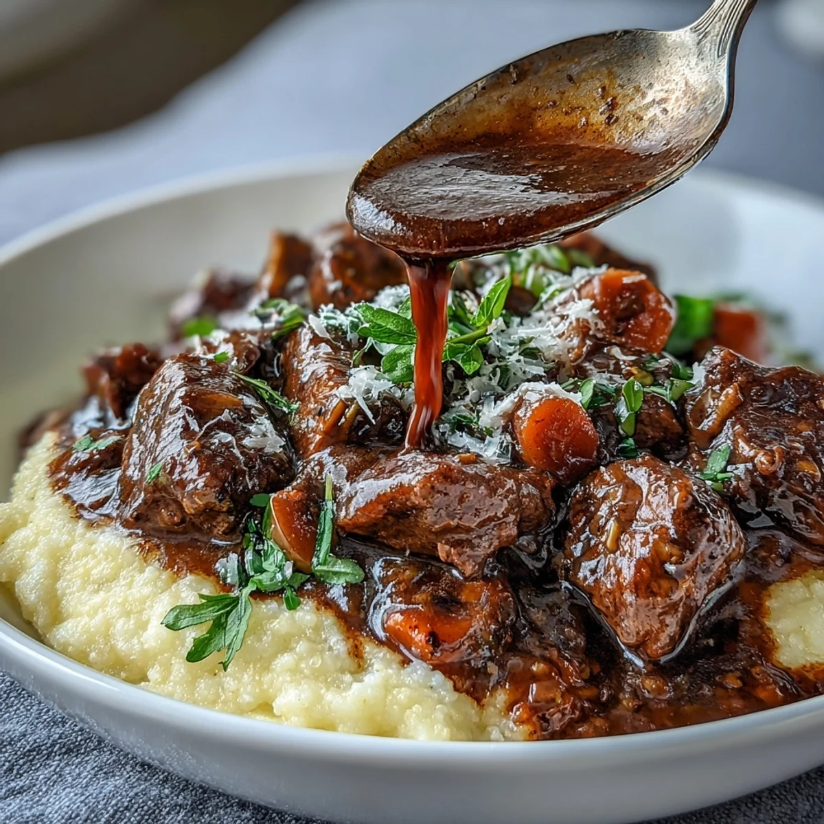 Comforting Venison Stew with Sloe Gin and Polenta is ladled into a rustic bowl for a hearty, gluten-free dinner.