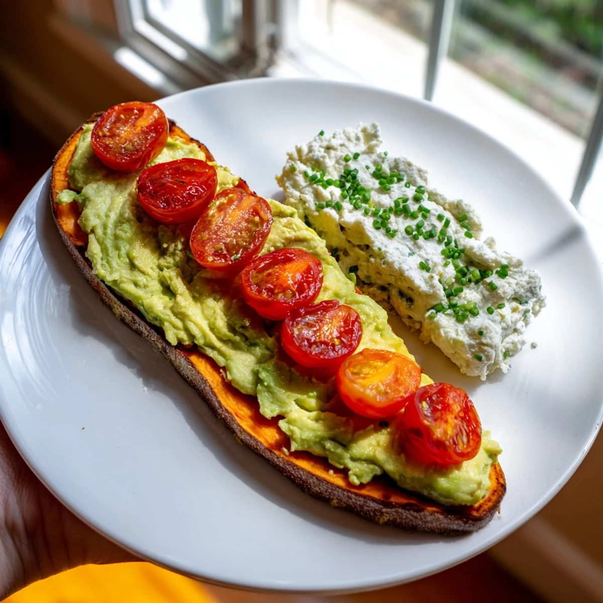 Roasted sweet potato toast topped with cottage cheese, chives, and a drizzle of honey for a delicious, vegetarian light meal.