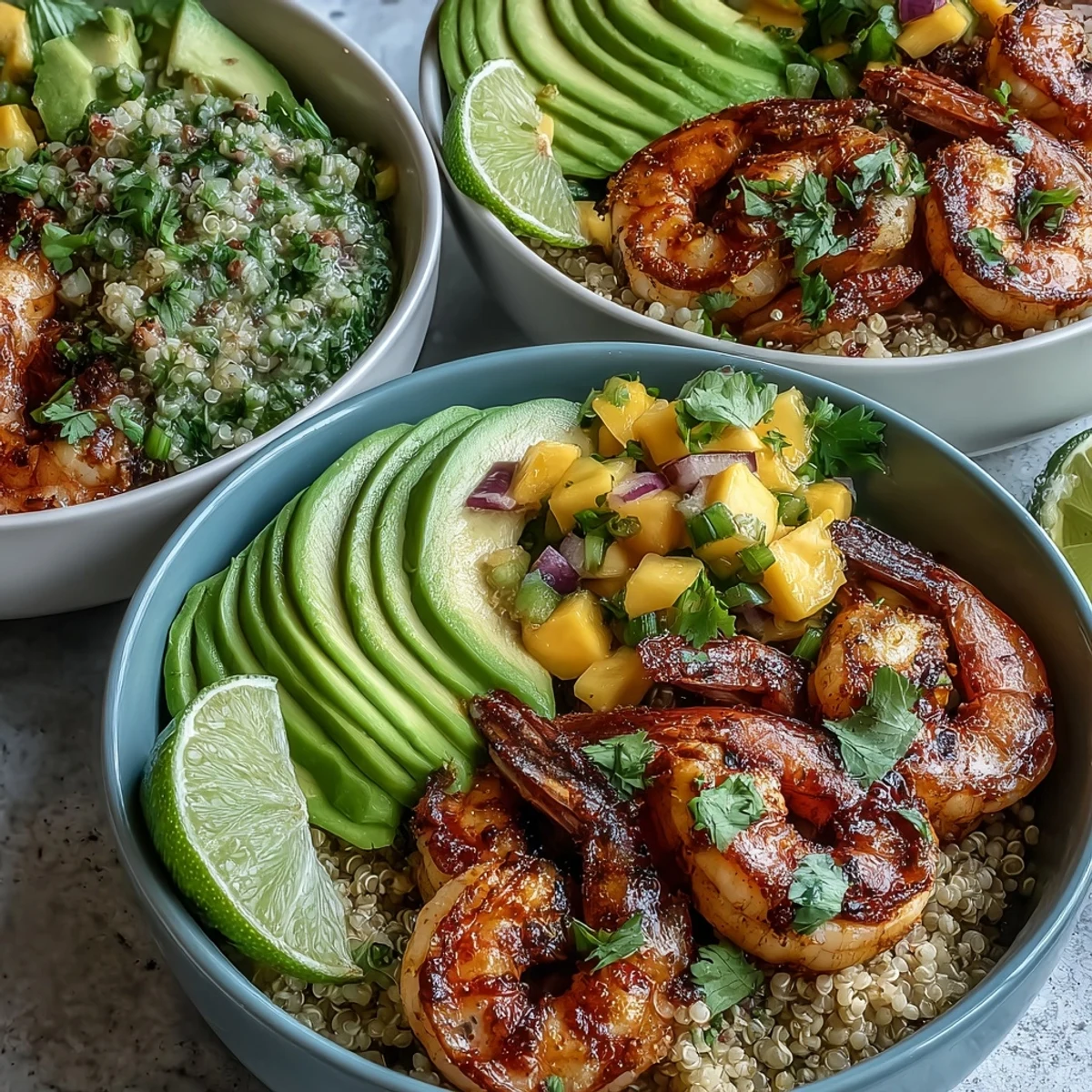 A close-up of Fresh Shrimp and Creamy Avocado Bowls with Zesty Mango Salsa and Lime Chili Sauce, highlighting juicy diced mango and red onion salsa over plump grilled shrimp and ripe avocado halves.