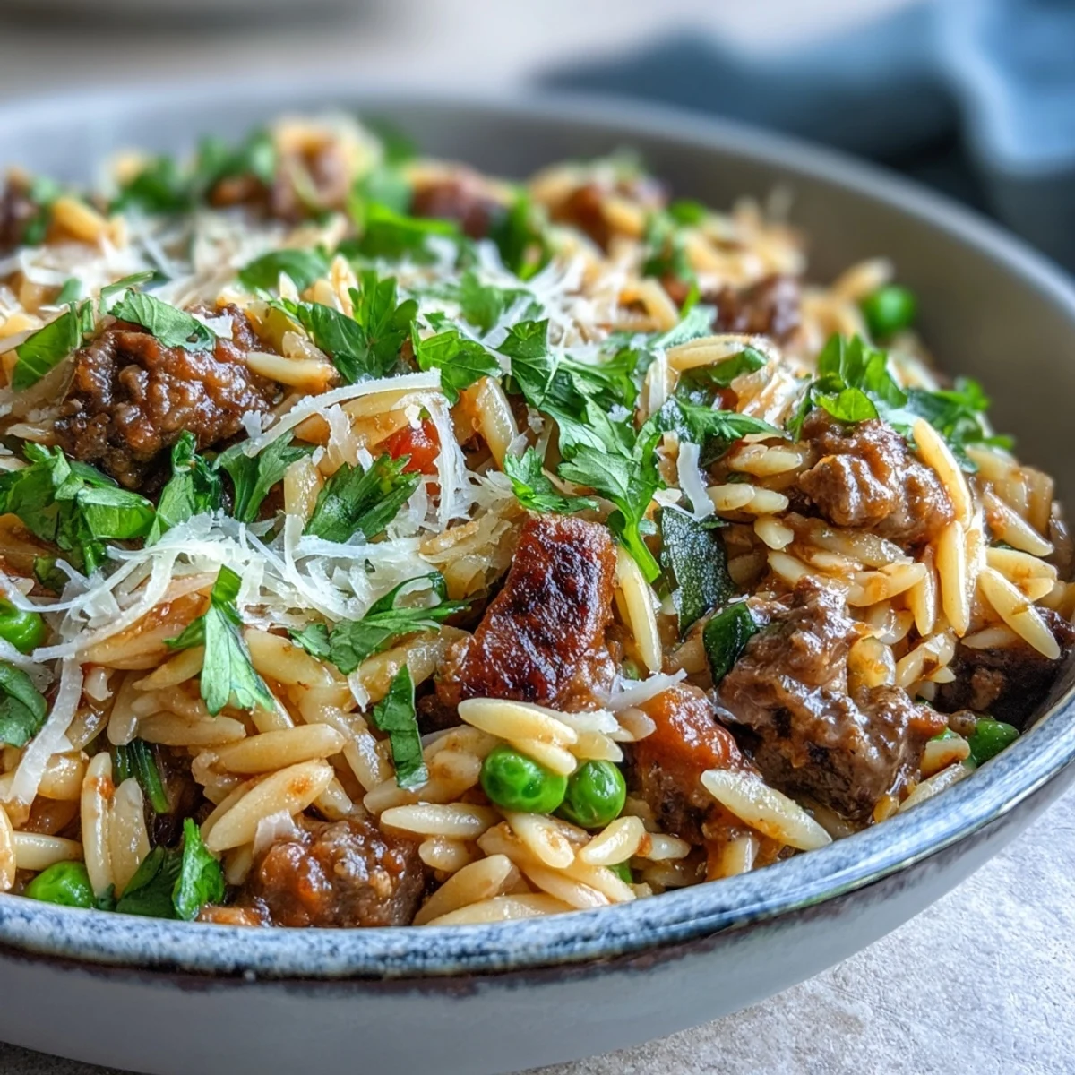 Overhead view of a savory skillet of Comforting Ground Beef Orzo Dinner with bell peppers and peas mixed in.