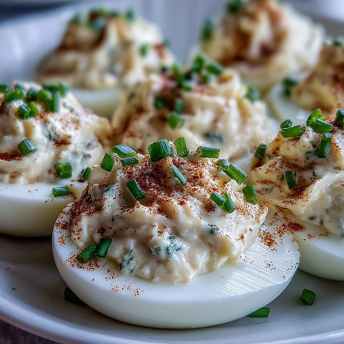 Twelve golden Million Dollar Deviled Eggs arranged on a rustic wood board, garnished with paprika for color and a tangy aroma.