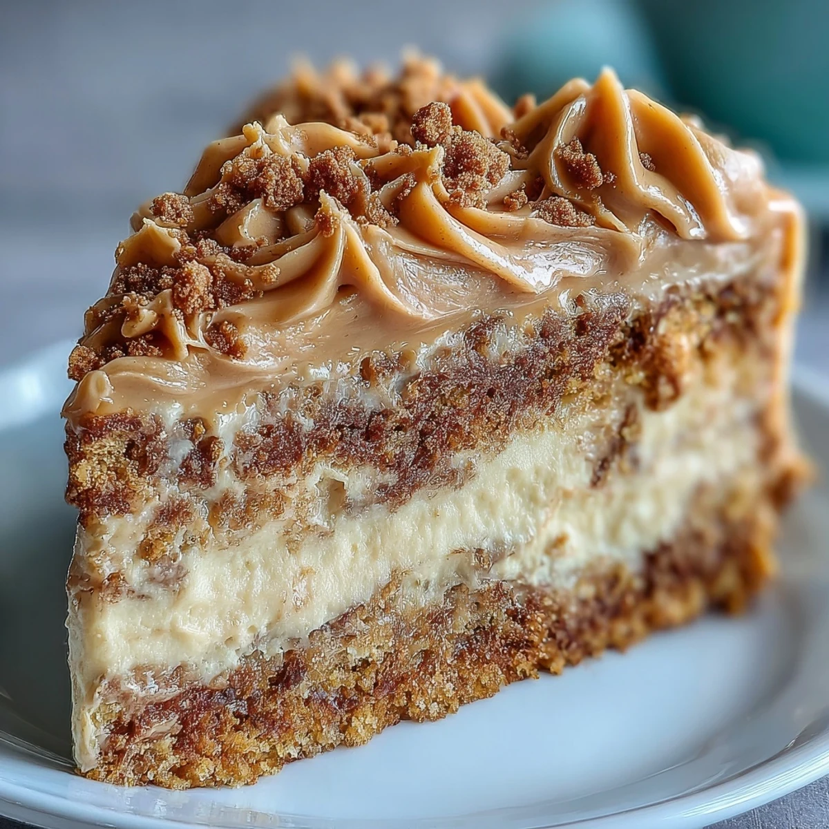Freshly baked Decadent Baked Biscoff Cake with Creamy Lotus Frosting, featuring smooth frosting swirls and scattered Biscoff biscuits on a wooden board.