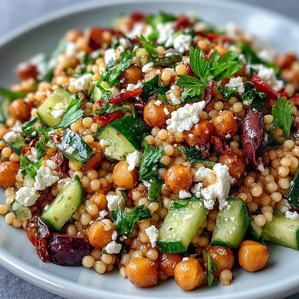 A vibrant bowl of Mediterranean Pearl Couscous salad features diced red bell pepper, cucumber, and briny kalamata olives mixed with tender toasted couscous, topped with crumbled feta and fresh parsley.