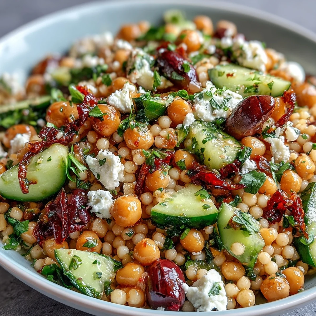 Spoonful of Mediterranean Pearl Couscous showing diced vegetables, feta cheese, and olives tossed in a red wine vinaigrette, highlighting the texture and fresh ingredients of this vegetarian dish.