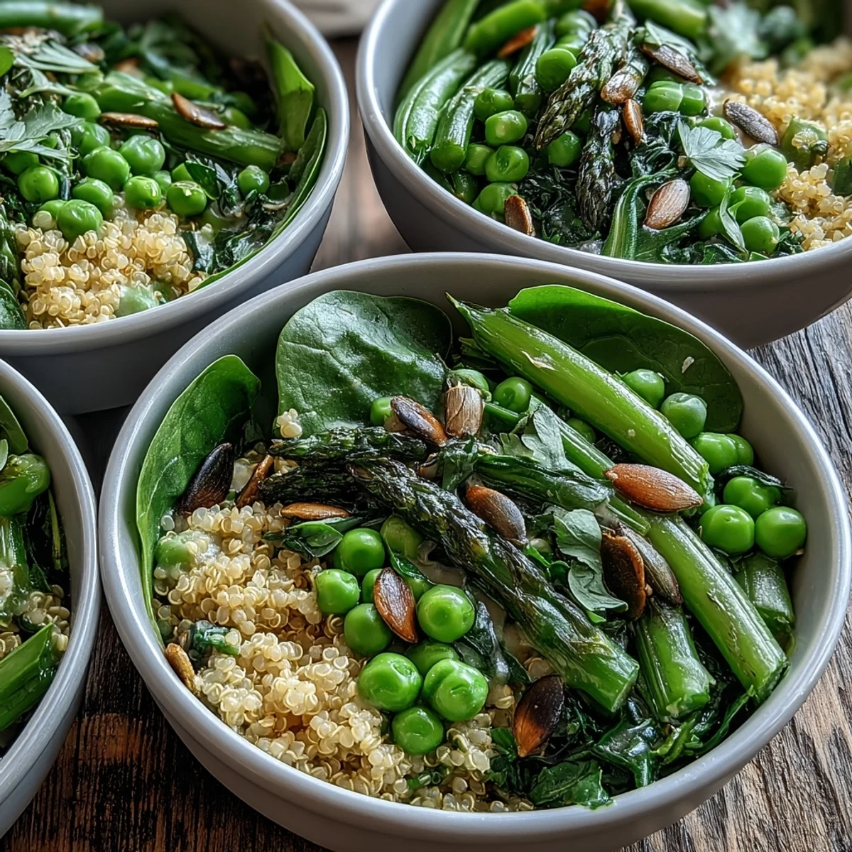 Spring Green Bowl close-up on a marble counter, fresh spinach and bright vegetables layered over grains, finished with a zesty lemon vinaigrette and herbs.