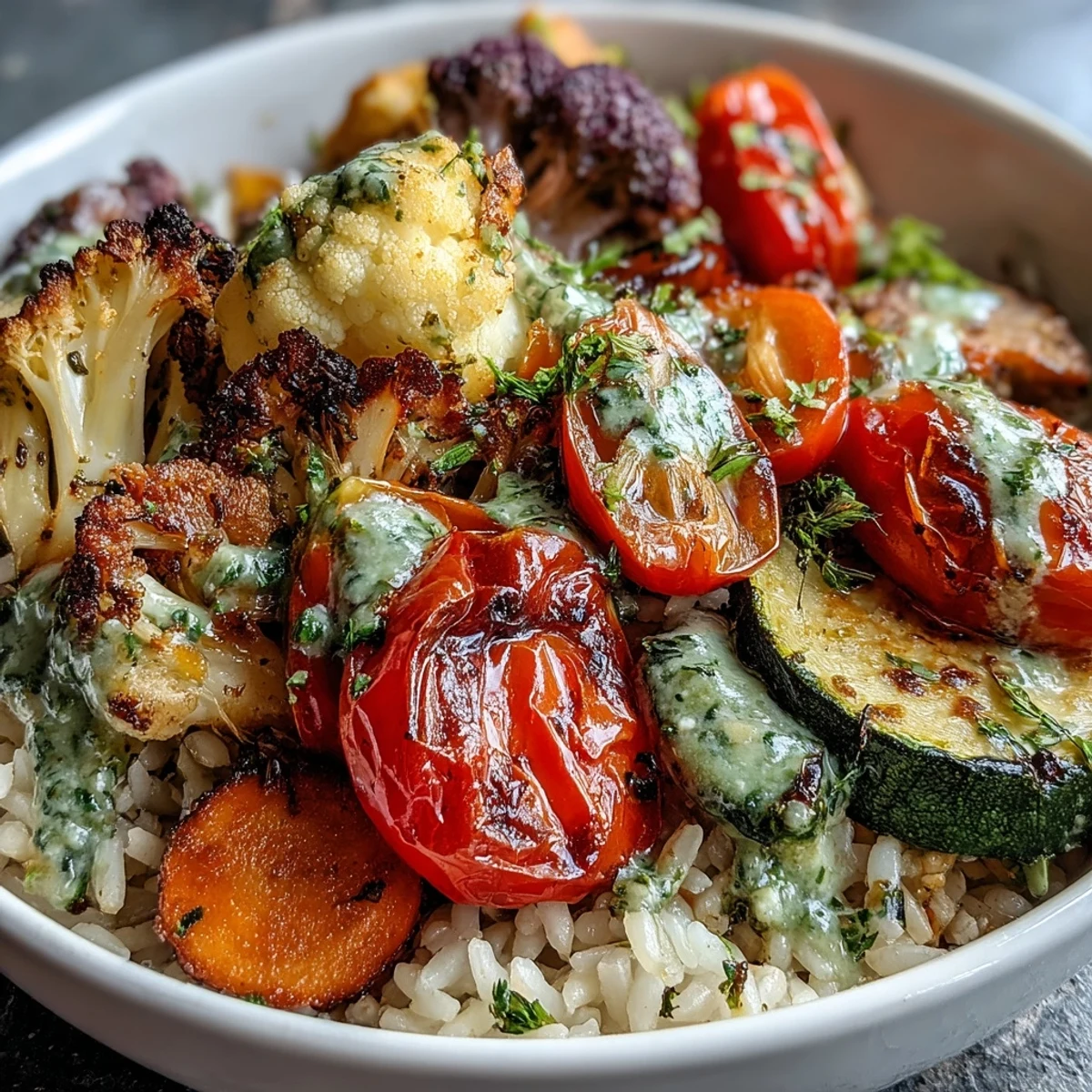 Rainbow roasted vegetable bowl garnished with fresh parsley and cilantro, featuring caramelized cherry tomatoes and zucchini over a bed of warm, nutty brown rice.