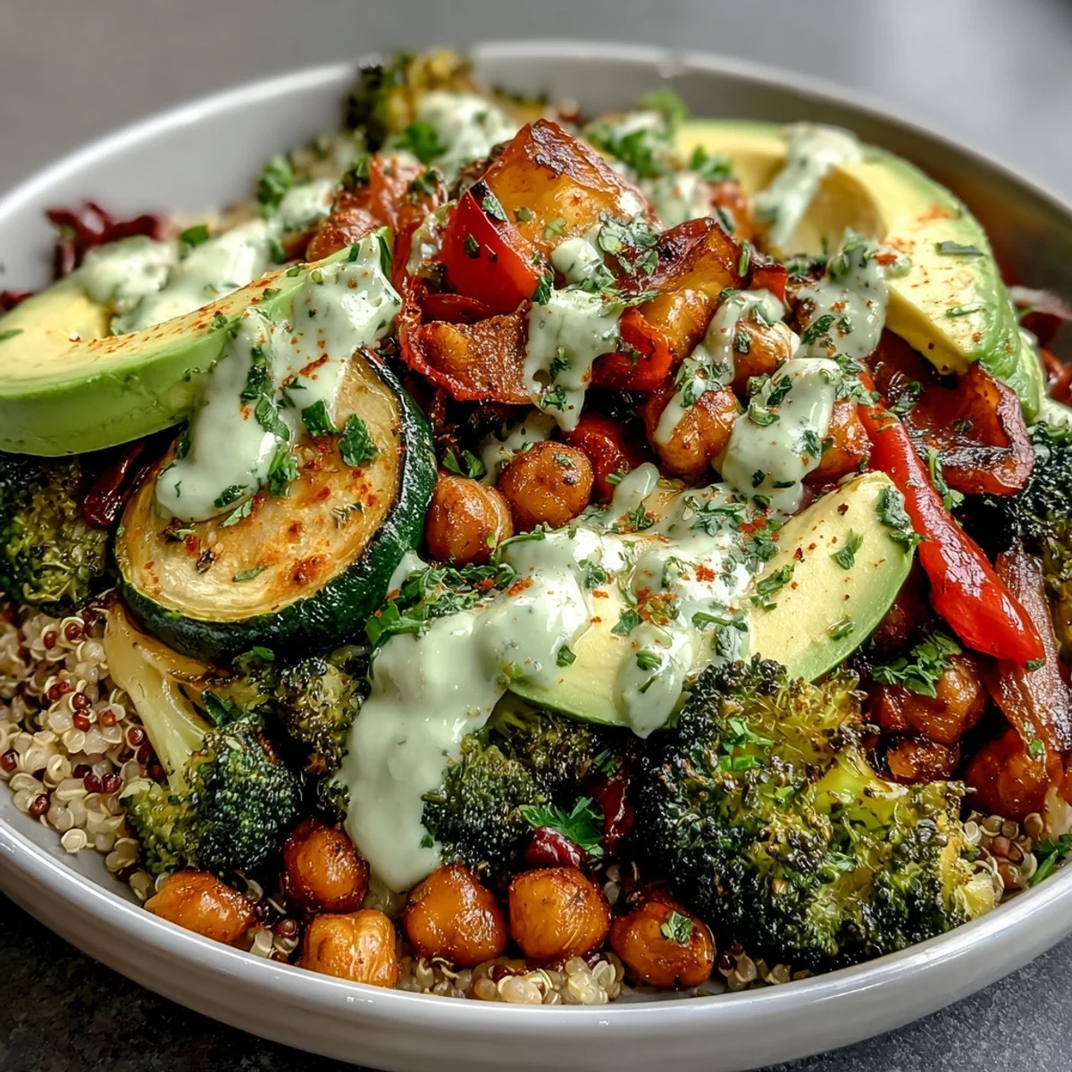 Roasted vegetables and legumes in a vegetable and legume bowl, garnished with avocado and parsley.  