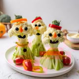 Fresh Snowman Crudités display, featuring crisp cauliflower and carrots, ready for dipping in creamy sauce.