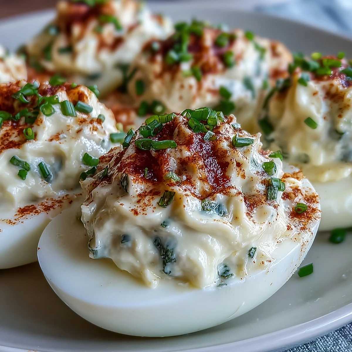 Close-up of Million Dollar Deviled Eggs showcasing creamy yolk filling with chives, ready for a backyard barbecue or brunch buffet.