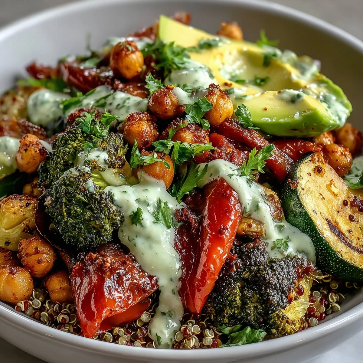 Close-up of a vegetable and legume bowl featuring quinoa, roasted broccoli, chickpeas, and tahini drizzle.  