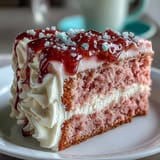 Delicate rosé velvet cake photo, adorned with elegant gold drip and cream cheese frosting.