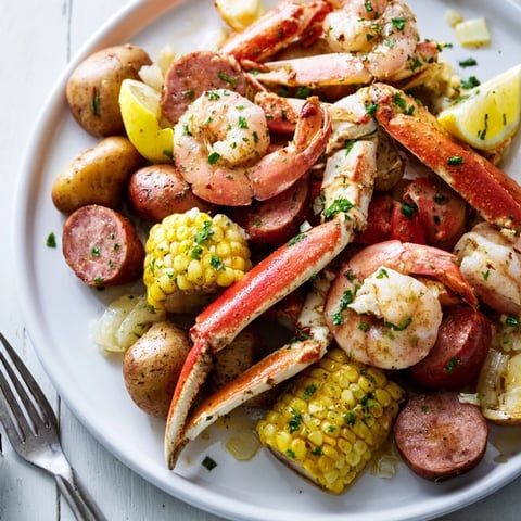 A vibrant seafood boil with crab legs, shrimp, and sausage served hot.  