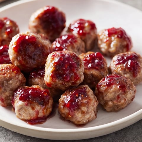Juicy, glistening cherry-glazed meatballs sit in a serving bowl, ready for a delicious appetizer.