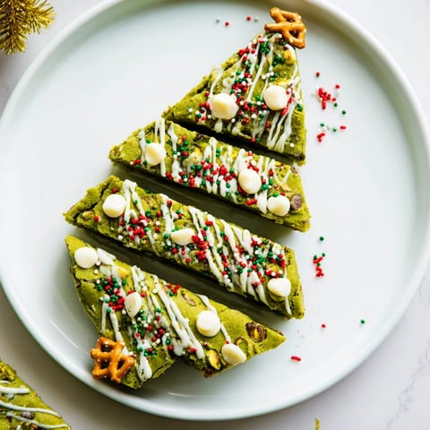 Matcha Pistachio Christmas Tree Blondie Bars, cut into festive tree shapes, drizzled with white chocolate and sprinkled with holiday cheer.