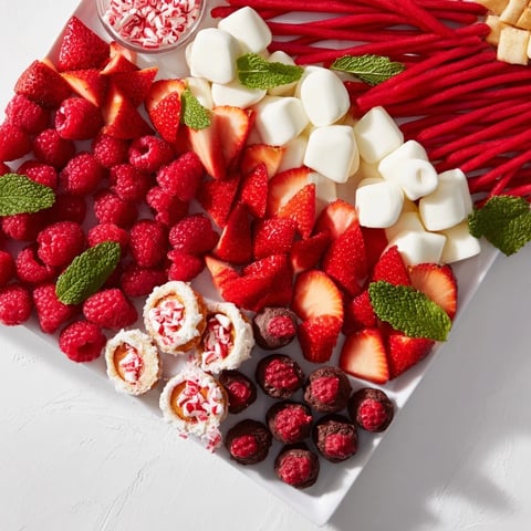 Vibrant candy cane striped platter boasts red berries, licorice, and vanilla treats, a festive dessert.