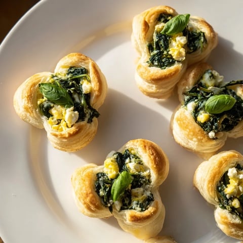 Golden, flaky Lucky Clover St. Patrick's Day Bites, with creamy spinach filling, ready to serve!