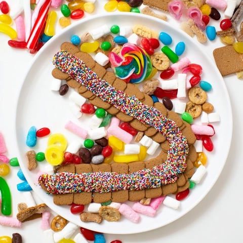 A whimsical Candy Land Gingerbread Path dessert board overflowing with colorful candies and treats.