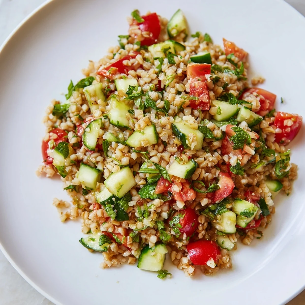 A beautiful bowl of Bulgur Wheat Salad Tabbouleh with vibrant herbs and colorful tomatoes.