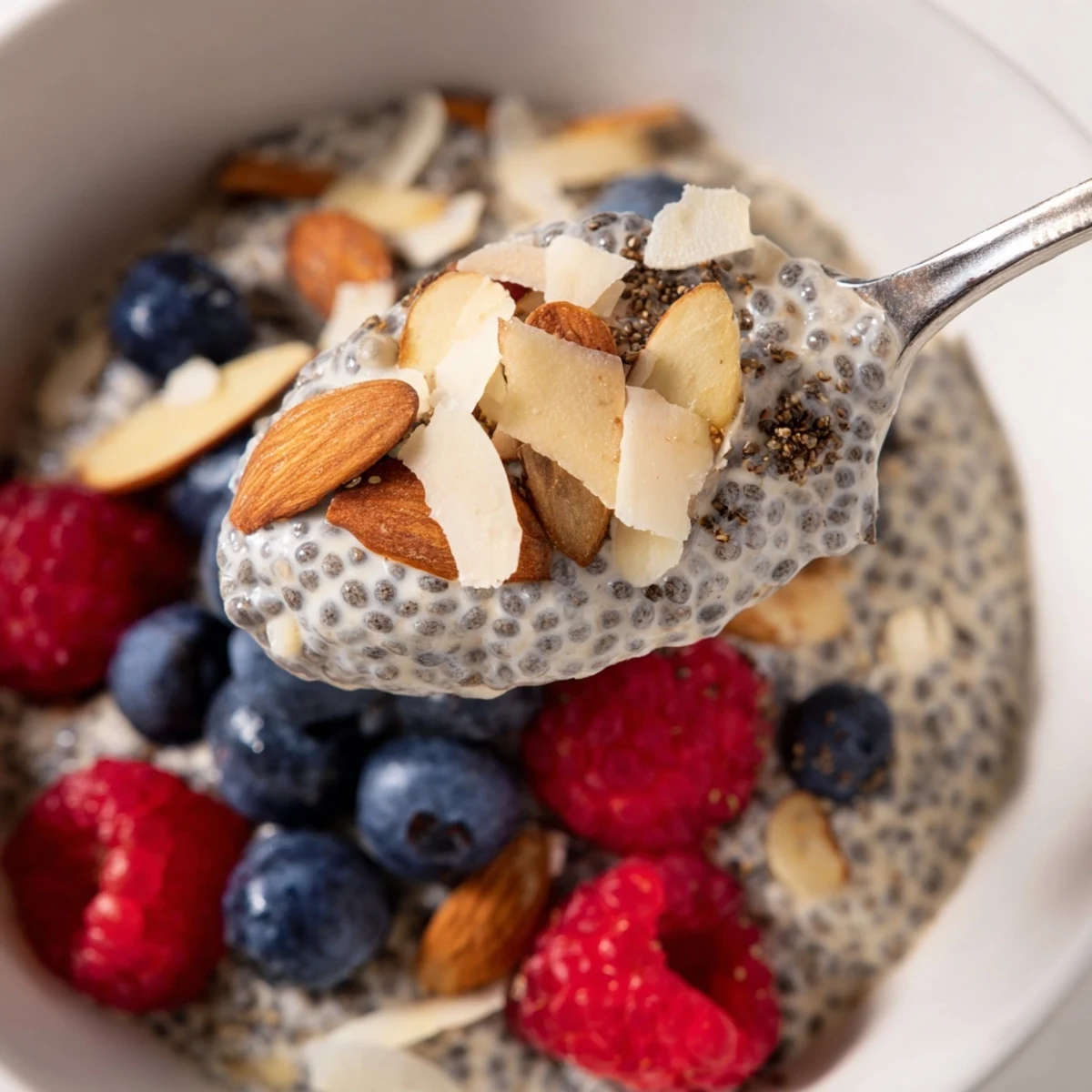 Creamy Poppy Seed Chia Pudding served in a glass jar, topped with fresh blueberries, toasted almonds, and shredded coconut for a nutritious breakfast.