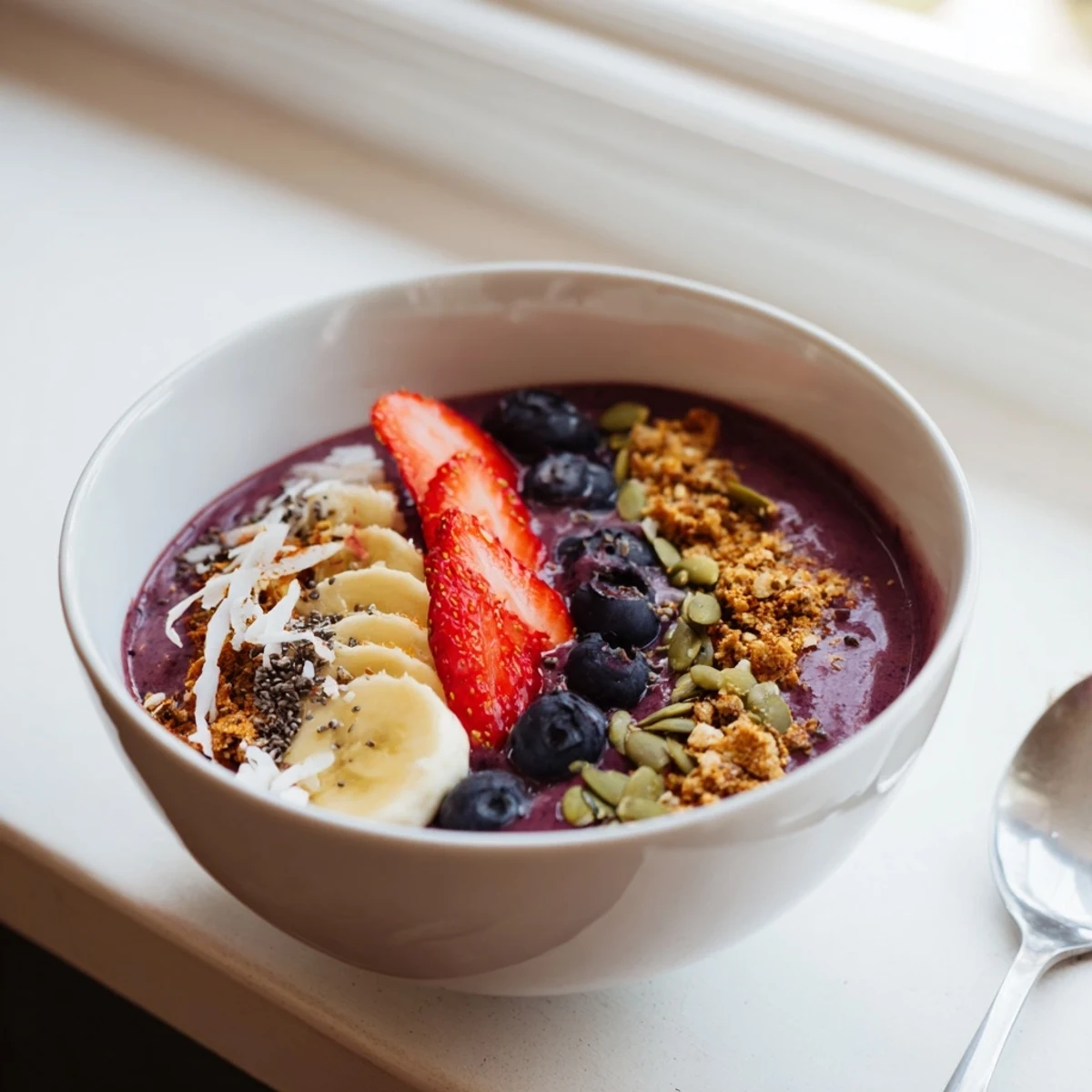 Vibrant acai berry smoothie bowl topped with fresh fruit and crunchy granola.