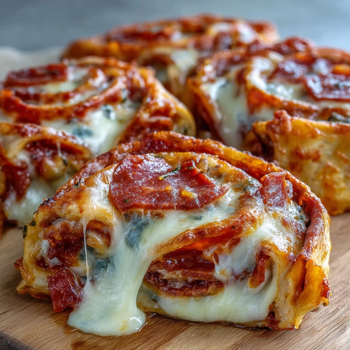Golden-baked tortilla pizza rolls display melted mozzarella and zesty pepperoni on a rustic cutting board.