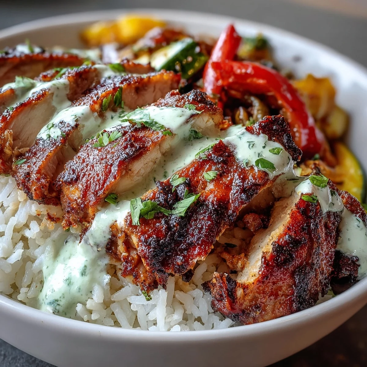 A close-up of a vibrant Blackened Chicken Bowl with golden rice, colorful sautéed peppers and zucchini, and sliced, spice-crusted chicken drizzled with creamy lime crema.