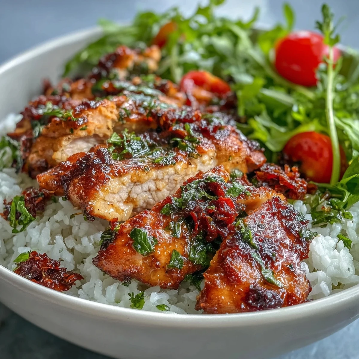 Juicy sun-dried tomato chicken with herbs, sliced over fluffy rice, fresh greens, and cherry tomatoes in a vibrant bowl.