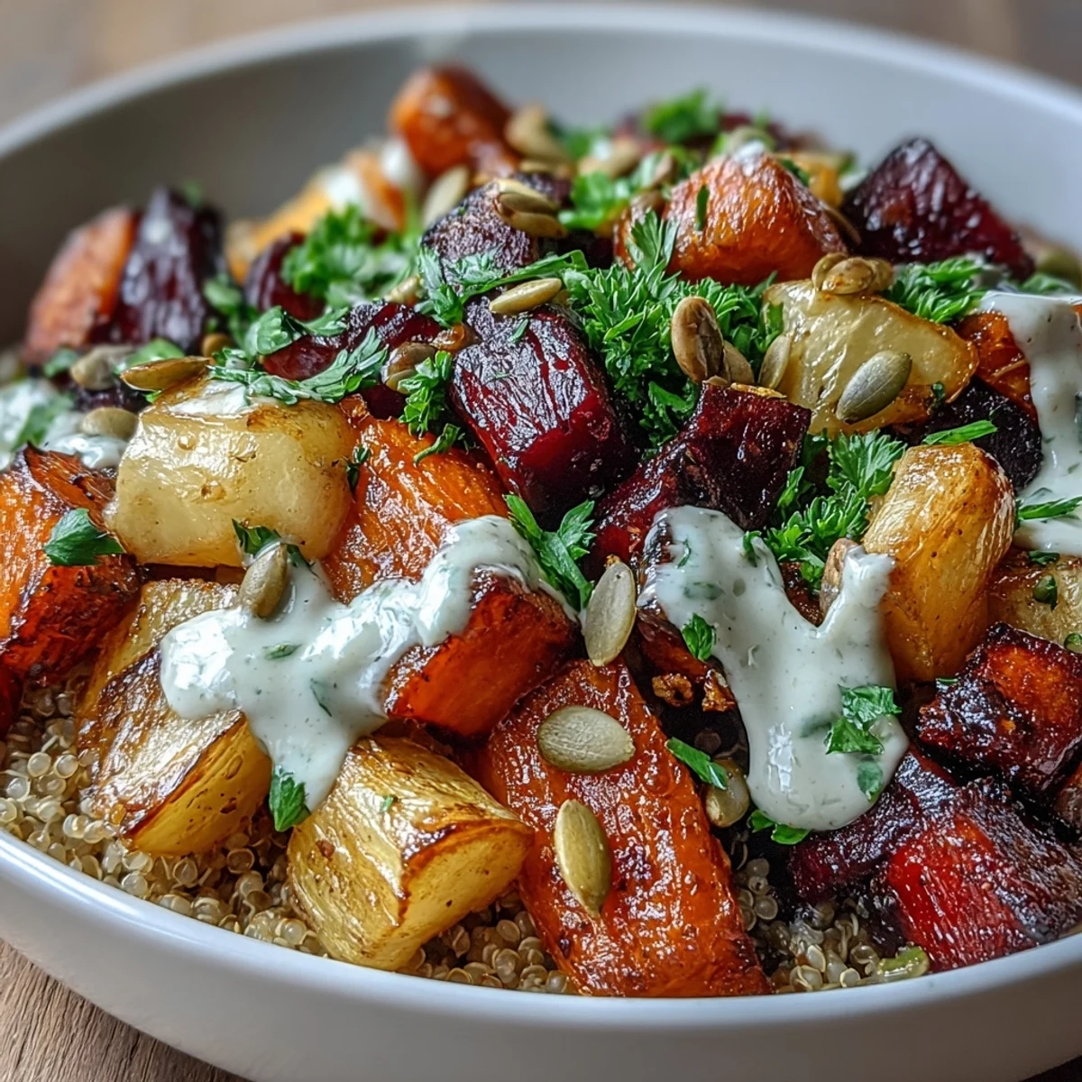 Golden-brown roasted root vegetables like carrots, beets, and parsnips are piled high on a bed of fluffy quinoa, generously drizzled with creamy tahini sauce and garnished with fresh parsley and toasted pumpkin seeds in this vibrant Roasted Root Vegetable Bowl.
