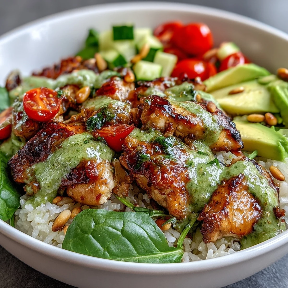 A vibrant Pesto Chicken Bowl features tender chicken coated in basil pesto, served over fluffy rice with fresh vegetables and avocado.