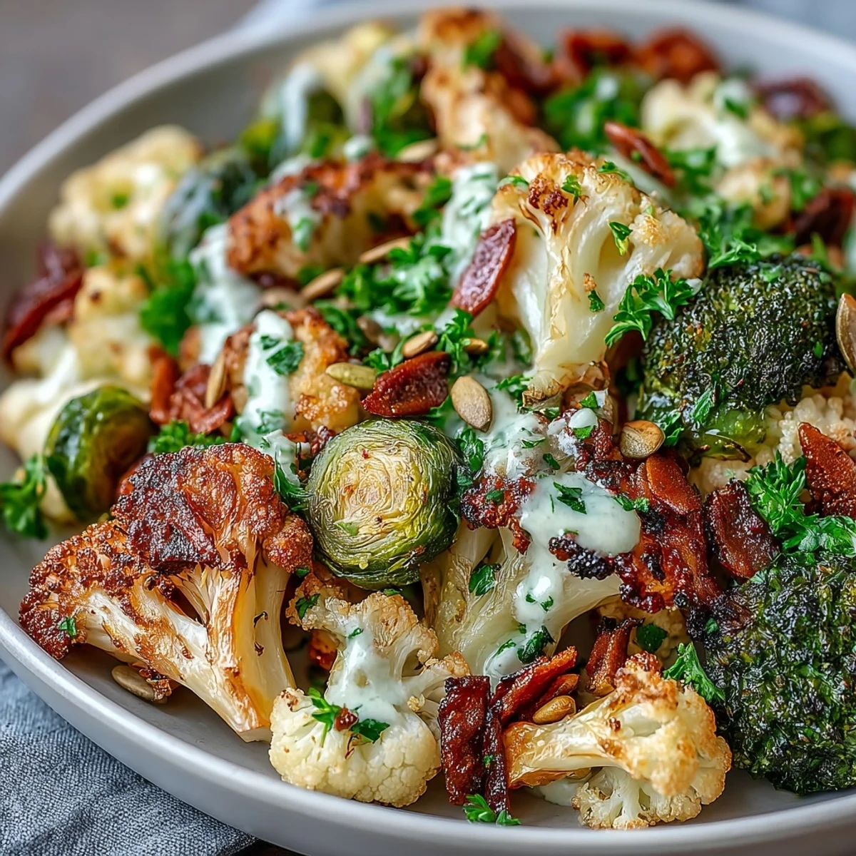 Roasted Brassica Bowl with charred broccoli and cauliflower florets drizzled with lemon-tahini sauce.