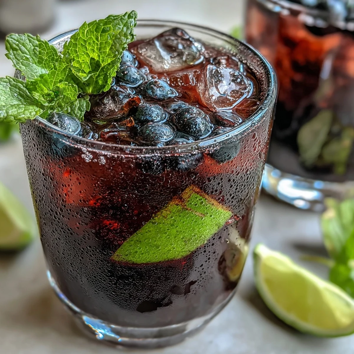 Chilled highball glasses filled with ice, soda water, and vibrant Tangy Blackcurrant Mojito, garnished with fresh mint sprigs and lime slices.