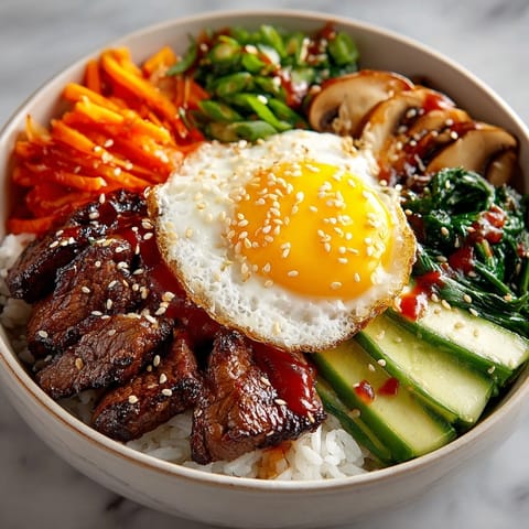 Vibrant Korean Beef Bibimbap Bowl piled high, ready for a flavorful, easy dinner.