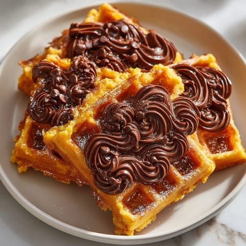 Stack of perfect pumpkin spice waffles with chocolate web, steam gently rising.