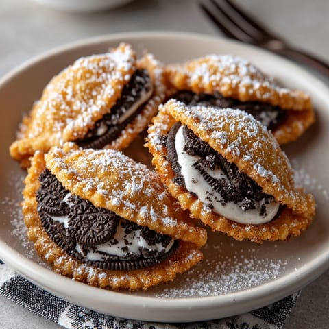 Warm, gooey Air Fryer Oreos with sweet cream filling melting; served hot.