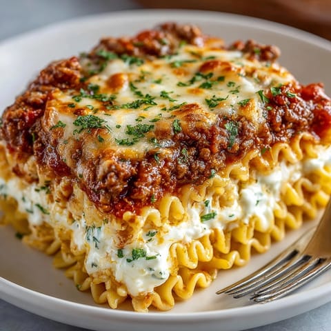 Close-up of cheesy Ramen Lasagna layers: noodles mingling with rich meat sauce.