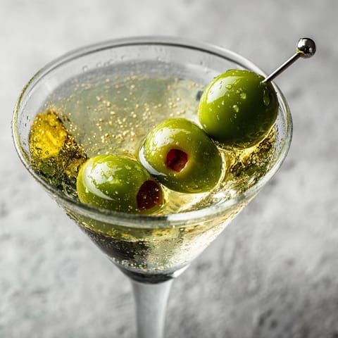 Close-up of a refreshing, salty Filthy Martini with vibrant green olive garnish detail.