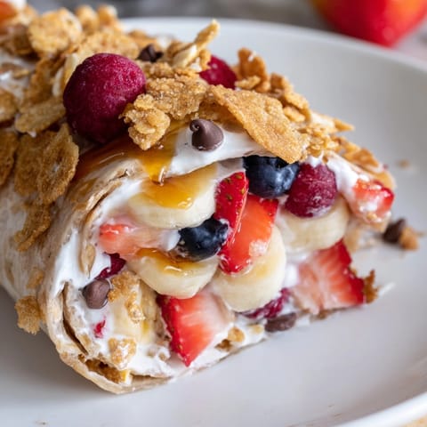 Close-up of a sliced Cinnamon Toast Crunch breakfast wrap showing the colorful fruit filling.