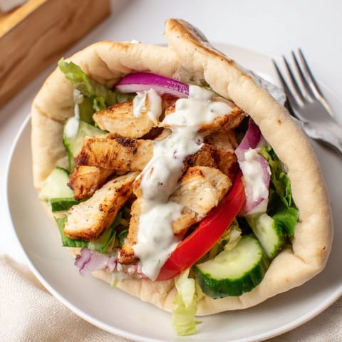 Creamy Garlic Ranch Chicken Pita Sandwich ready to eat, with ripe tomatoes.