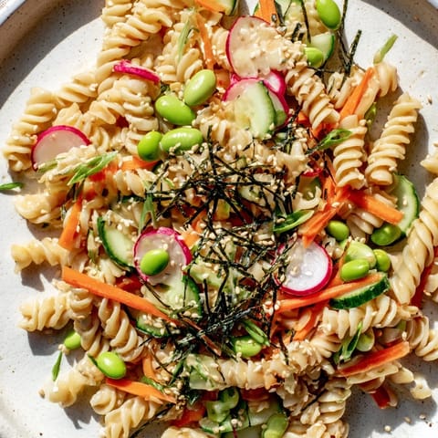 Delicious Japanese Miso Pasta Salad drizzled with creamy dressing and served cold.  